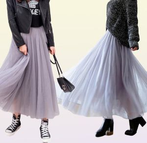 Tigena långa tyllkjolar kvinnor 2021 sommar elastisk hög midja mesh tutu veckad kjol kvinnlig svart vit grå maxi kjol 2103053077296