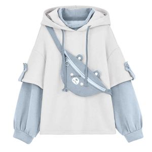 Kvinnors hoodies tröjor kawaii söt överdimensionerad hoodie med björnpåse kvinnor höst lapptäcke tröjor tröjor japanska streetwear estetiska hoodies