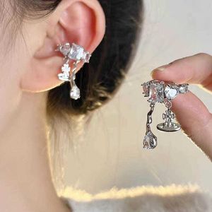 Studörhängen Western Empress Dowager Silver Saturn Vatten droppar Långt mousserande Diamond Crystal Ear Studs Klipp Två Wear Style Fashion For Women Jewelry 9QSA