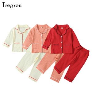 Tragren Bebek Bebek Kız Pijamaları Setler Çocuklar Uzun Kollu Yaka Üstleri Elastik Bel Pantolon 2 PCS Kıyafetleri Sweetwear Homewear 240106