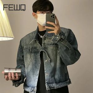 Fewq Men's Design Denim Jacket American 2023 Vintage Turndown Collar Belt Single Breasted Male Coat High Street 24x1972 240105