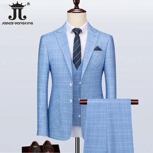 S-5XL Jacket Vest Pants Boutique Plaid Men's Business Formal Three-piece Groom Wedding Dress Slim Blue British Style Suit 240106
