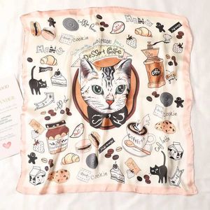 Scarves 70cm*70cm Silk Square Scarf Women Cartoon cat Bag Print Foulard Big Hijab Bandana Lady Neckerchief High Quality Silk Scarf FJ095 J240106