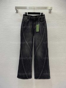 Damen-Jeans, Damen-Designerkleidung, graue Hose mit weitem Bein, Kirschstickerei, modisches Spleißdesign, schmale Passform, hohe Taille, gerades Bein, Designer-Jeans