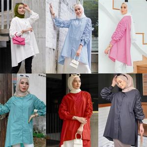 Ethnic Clothing Solid Color Muslim Tops Women Long Sleeve Blouse Malaysia Pleated Traditional Loose Shirt Arab Islam Femme Casual Smock