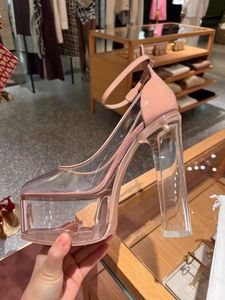 Ladies 2024 dress high leather women super 16cm heel shoes platform pumps patent Transparent polyurethane bottom dance party wedding buckle mary jane siz 34-44 113