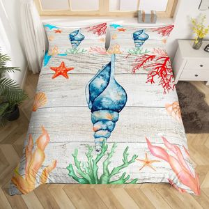 Copripiumino con conchiglia blu acquerello Set biancheria da letto a tema oceano Creature marine Piumino al Beach Trapunta in poliestere 240106