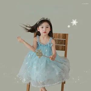 Flickklänningar 2024 Summer Fairy Sweet Sweet Princess Style Waistcoats Mesh Lace Bow Tie Snowflake Dream Cotton Design Soft