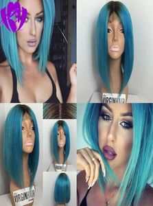 Celebrity Style Middle Part Short Bob Wig Women039s Front Lace Heat Motent Synthetic Dark Roots Ombre Blue Wigs For Women5529905