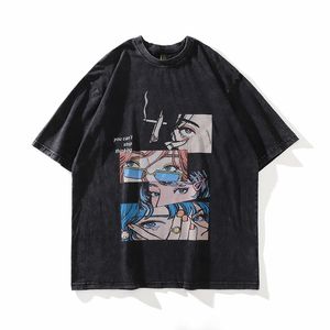 Trema de tamanho grande angustiado Streetwear Os olhos japoneses impressam a camiseta retrô de camiseta hip hop casual Camiseta solta preta