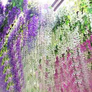 Branco verde flores artificiais simulação glicínias videira decorações de casamento longo buquê de plantas de seda porta festa de casamento suprimentos quarto jardim