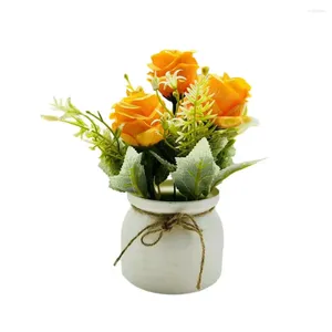 Decorative Flowers Realistic Faux Plants Scandinavian Style Potted Plant Set With Three Roses Small Turned Rimmed Pot Bonsai Simulation For