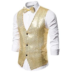 Shiny Gold Sequin Glitter Men Vest with Bowtie Slim Fit Nightclub Prom Waistcoat Stage Singer Vests Gilet Homme Costume 240105