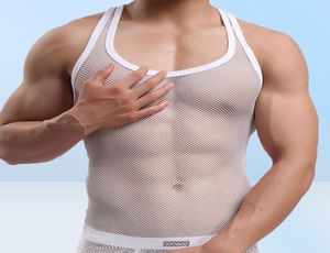 Sexig singlet transparent undertröja se om ärmlös skjorta andningsbar kroppsbyggande fitness väst tank topp män mesh20212