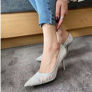 Dress Shoe's Single Shoes 2023 Summer Mesh Pointed High Heel Pleated Sexy Banquet Lace Thin Heels Fashion Flat 230809