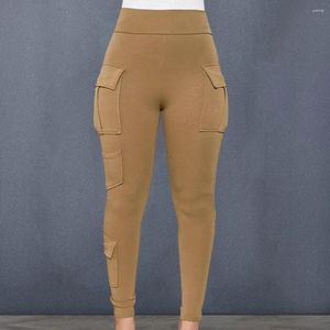 Calças femininas Mulheres alta cintura elástica esportes sweatpants com multi bolsos tecido elástico macio para quatro estações conforto sólido