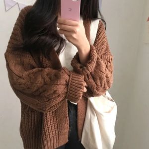 Kvinnors bruna överdimensionerade stickade kofta långärmad tröja jacka vinter mode enkel tjock varm hajuku vintage kontor lady 240105