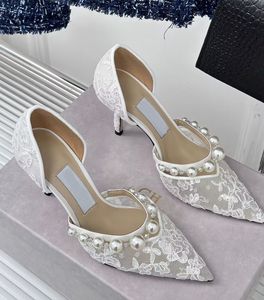 Décolleté da sposa Scarpe Sandali Aurelie di lusso da donna Punta a punta con abbellimento di perle Strappy Bianco Nero Pizzo Festa da sposa Tacchi alti EU35-43 Con scatola