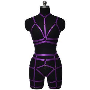 Feminino roxo elástico arnês bodysuit sexy bondage lingerie conjunto goth meias garter rave sutiã ajustável 240105