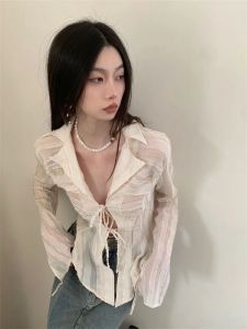 Yedinas Fairycore Lace Up Blouse Women Long Sleeve Spring 2023 Nowy obracający kołnierzyka Kobiety koszulki damskie Tops Korean Fashion Chic