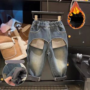 Outono inverno crianças menino jeans calça algodão grosso quente criança meninos calças remendadas vintage outwear bebê denim calças 240106