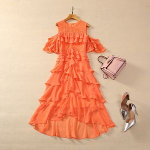 2024 Spring Orange Solid Color Ruffle Chiffon Dress Off Shoulder Round Neck Panelled Lace Midi Casual Dresses S3D121214