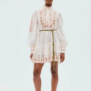 Avustralyalı Tasarımcı Elbise İlkbahar/Yaz Yeni Beyaz Saf Pamuk Baskılı İşlemeli Kravat Bel Slimsing Elbise Kadınlar İçin