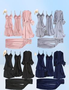 Conjunto de pijamas de renda de cetim feminino 5pc cinta superior calças sleepwear terno primavera outono pijamas casa wear nightwear robe vestido mxxl5651843