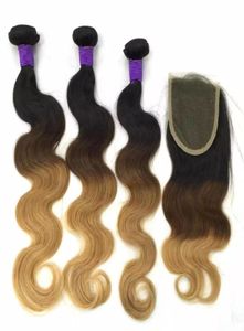 Brazilian Body Wave Human Remy Hair Weaves 34 Bundles with Closure Ombre 1b427 Color Double Wefts Hair Extensions3635546