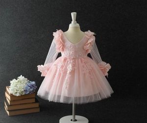 Mädchen Spitzenkleider Kinder Blumenstickerei Langarm Prinzessin Party Kleidung Kinder Stereo Blütenblatt Tüll Tutu Kleid Ballkleid A007720153