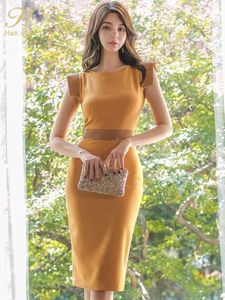 H Han Queen Summer Vestidos Korean Sexig Split Fashion Professional Dress Women Kne-Length Tan'Kank Sheath Pencil Dresses 240105