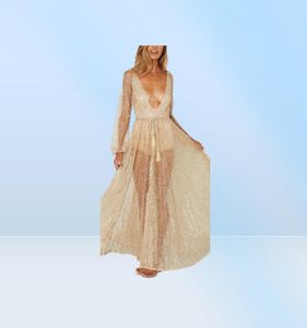 Gold Net Yarn Rhinestones Women Summer Long Maxi CoverUps Beach Dresses V Neck Sequins Mesh Sundress Bathing suit Swimwear4088296