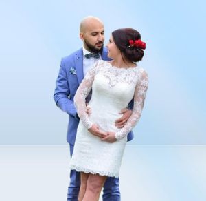 Långärmning Kort mantel Bröllopsklänningar Juvelhals 2019 Simple Design Vestidos de Noiva Mini Bridal Gowns5430429