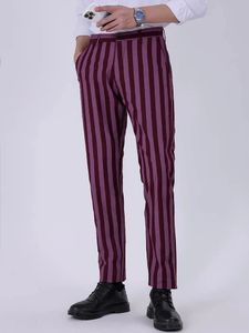 Striped casual pants four seasons loose straight men's business fashion pink elastic 240105