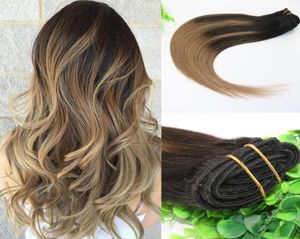 8A 7pcs clipe de cabeça cheia em extensões de cabelo humano Ombre marrom escuro a marrom médio destaca penteado 7187297