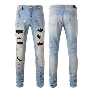 Джинсы Дизайнерская одежда Джинсы Amires Джинсовые брюки Amies High Street Blue Jeans 6523 Broken Cat d Hot Diamond Graffiti Jeans Slim Fit Smal