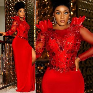 2024 Aso Ebi Prom Dresses Plus Size Velvet Long Sleeves Mermaid Red Lace Bead Feather Formal Evening Dress for African Black Women Illusion Birthday Party Dress AM342