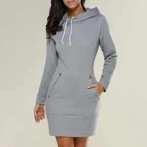 Lässige Kleider 2024 Frühling und Herbst Damen Knielanges Kleid Mit Kapuze Warmes Sweatshirt Langarm Camp Kragen Tasche Einfach Sport