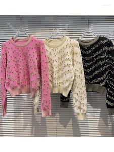 Kadın Sweaters High Street Est 2024 Tasarımcı Moda Kadınlar Altın İnci Boncuk Parlak İpek Örme Külot Kazak