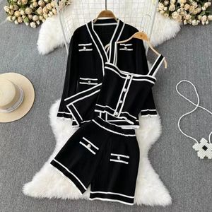 Women Sweater Pant Set 3 Pieces Casual Tank Cardigans Suits Autumn Winter Sticked Shorts ol Elegance Topps Elastic Sweaterpants 240106
