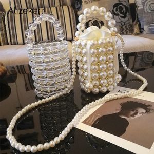 Luksusowy Big Pearl Bucket Bag Komuna Elegancka ręcznie robana przezroczyste koraliki wieczorne torebki i torebki, panie torby posłańca obiad 240106