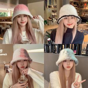 Bucket Hat Autumn/Winter High Grade Tie Dyed Rabbit Hair Contrasing Fur Bucket Hat For Women's Outdoor Fashion Basin Hat 240106