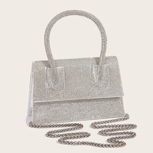 Moda bling rhinestone pu deri üst kol çanta kadınlar tam elmas düğün parti akşam haberci çanta crossbody zinciri 240106