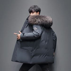 Homens à prova de vento para baixo jaqueta casacos dos homens quente pato branco com capuz parkas multi bolsos casaco masculino outono inverno longo 240106