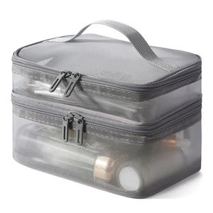 Grå dubbellager Mesh Cosmetic Bag Women Portable Make Up Case Big Capacity Travel Zipper Makeup Organizer toalettlagring Box 240106