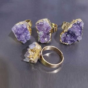 Band Rings 6pcs Vintage Gold color Amethysts cluster Stone Resizable Rings Charms Adjust Copper Open Hammered Cuff for Woman jewelry makingL240105