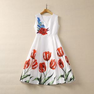 2024 Spring White Floral Print Beaded Dress Sleeveless V-Neck Sequins Midi Casual Dresses S3D121207