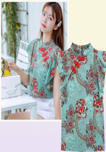 Kinesisk cheongsam stil kvinnor blommor chiffong skjorta sommarblus rufsar korta ärm tröjor toppar blusa a3252 2105198534593