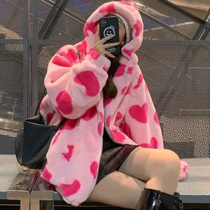 Harajuku em forma de coração impressão jaqueta de pelúcia feminino inverno coreano manga longa com capuz casaco grosso quente casal streetwear outerwear 240105