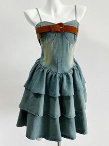 Casual Dresses Vintage Tank Dress Women Bowtie Belt Elastic A-Line Layers Mini Justerbar rem Hög midja Vestidos Sexig 2024 sommar
